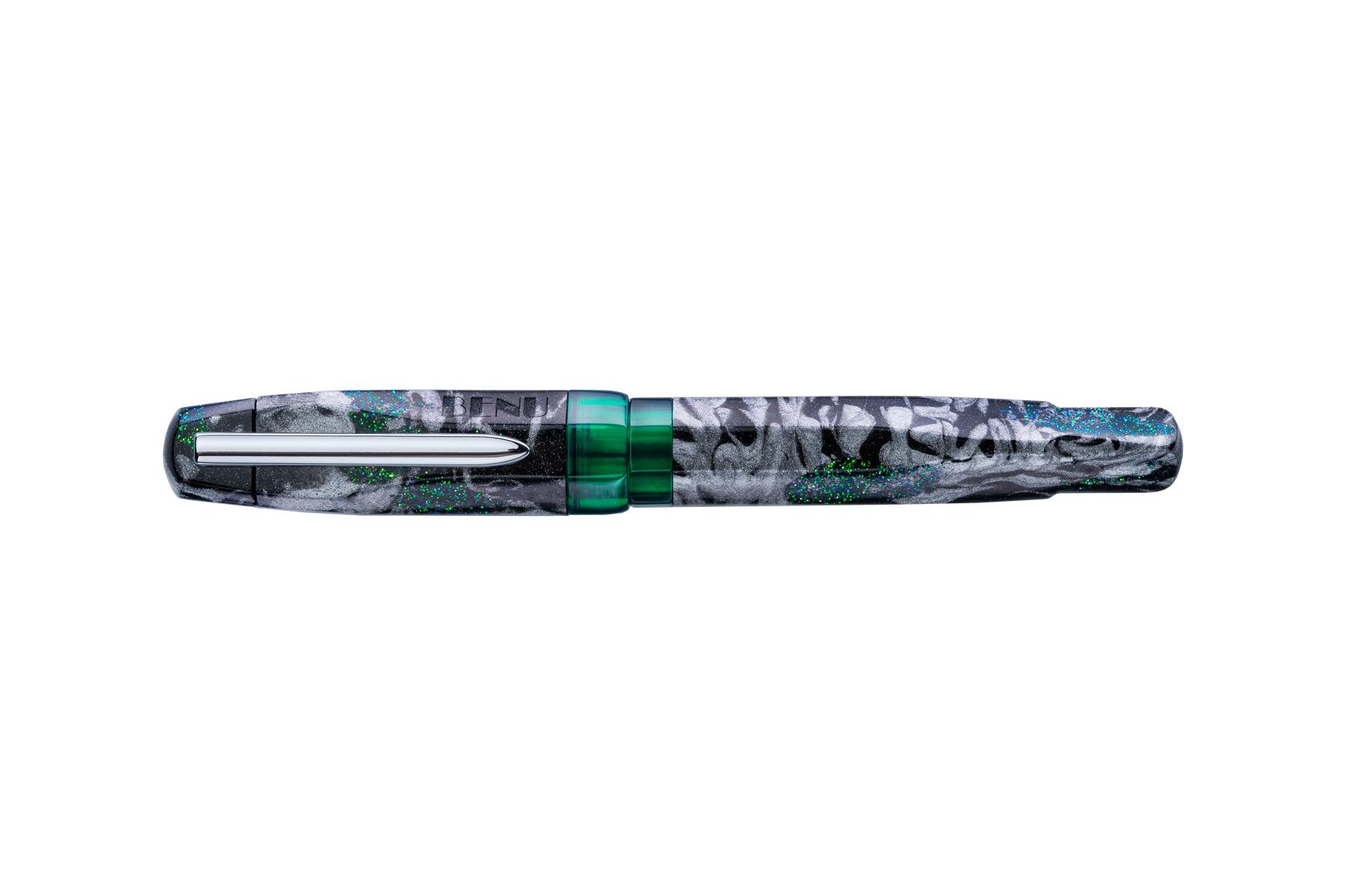 A fountain pen with a shimmer black, silver, and green marble patterned barrel with translucent green accents and a silver clip, shown diagonally on a plain white background.
