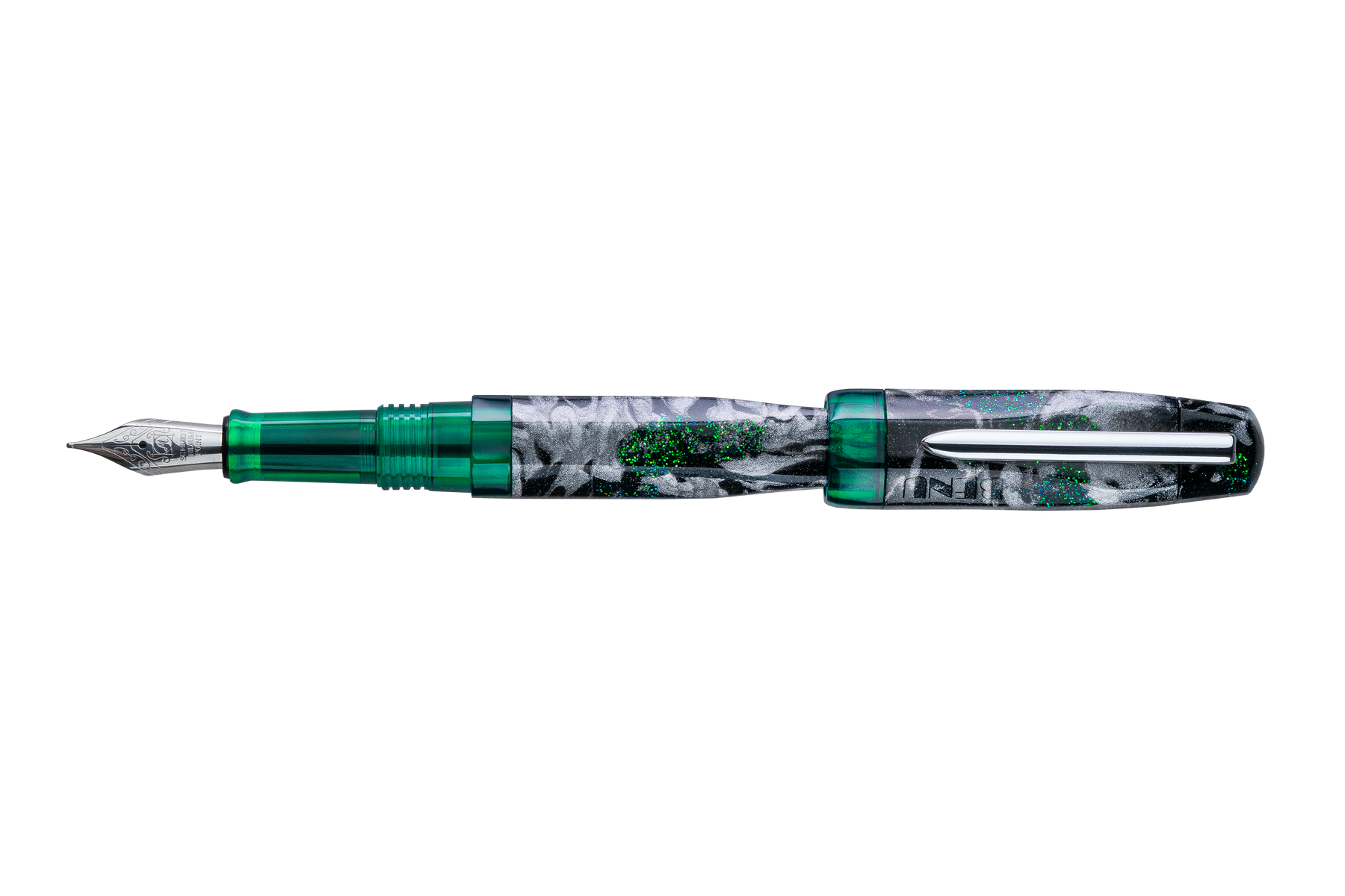 A fountain pen with the lid posted. This pen has a shimmer black, silver, and green marble patterned barrel with translucent green accents and a silver clip, shown diagonally on a plain white background.