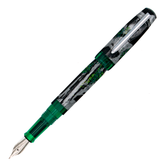 A fountain pen with a shimmer black, silver, and green marble patterned barrel with translucent green accents and a silver clip, shown diagonally on a plain white background.