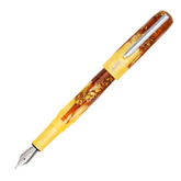 A yellow and amber marbled fountain pen with a yellow band with a silver nib and clip. The BENU logo is engraved with silver under the clip. The cap is posted on the pen and it is photographed diagonally on a clean white background.