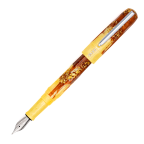 A yellow and amber marbled fountain pen with a yellow band with a silver nib and clip. The BENU logo is engraved with silver under the clip. The cap is posted on the pen and it is photographed diagonally on a clean white background.