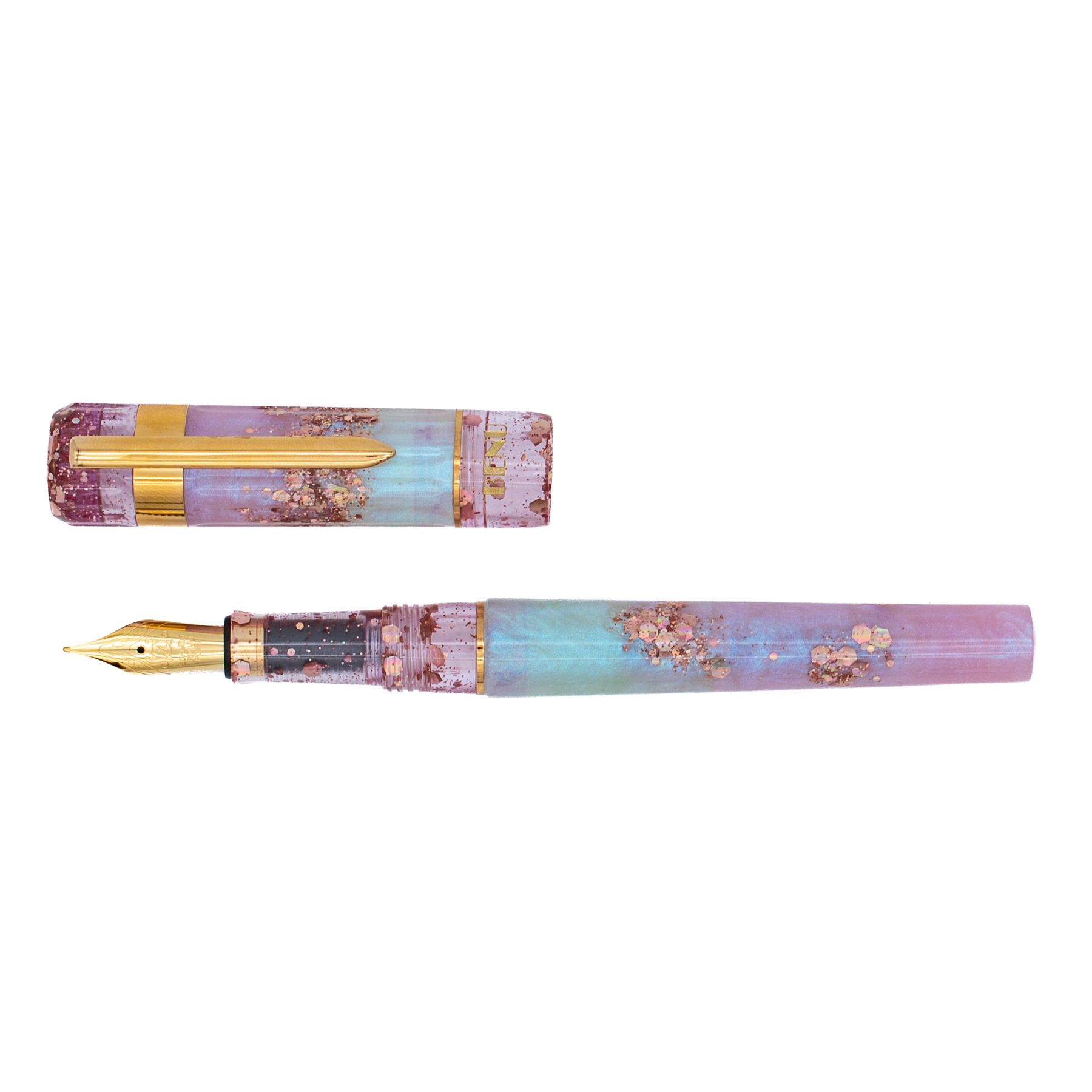 A translucent light blue and magenta pearly shimmer with chunky rose gold accents and gold trim with the cap posted on the barrel. The logo 'Benu' is engraved in gold on the bottom of the cap. The nib is gold with an ornate design engraving. The cap is parallel to the barrel on a white background. 