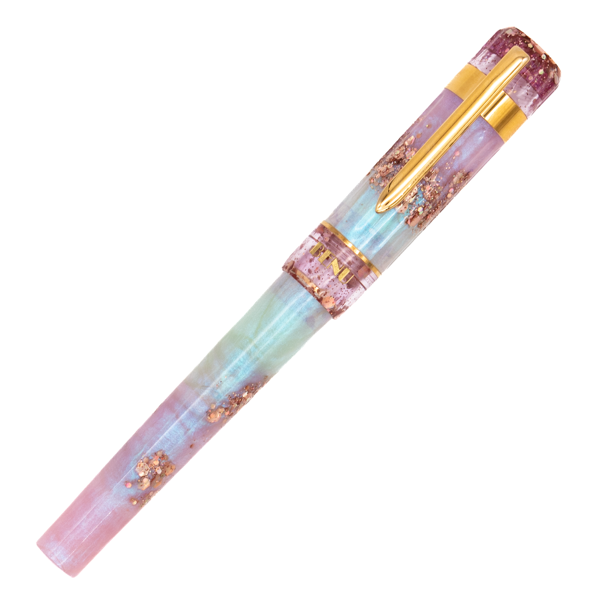 A translucent light blue and magenta pearly shimmer with chunky rose gold accents and gold trim. The logo 'Benu' is engraved in gold on the bottom of the cap. 