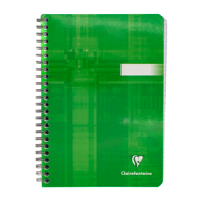 A green spiral-bound notebook with a silver wire binding and a white printed logo reading Clairefontaine near the bottom right, shown on a plain white background.