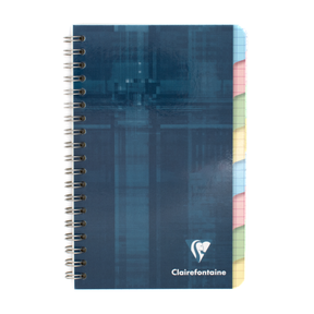 A spiral-bound notebook with a blue cover featuring 8 index tabs that are graph lined and the Clairefontaine logo near the bottom. The right edge shows colorful page dividers in pastel shades of pink, yellow, green, and blue.