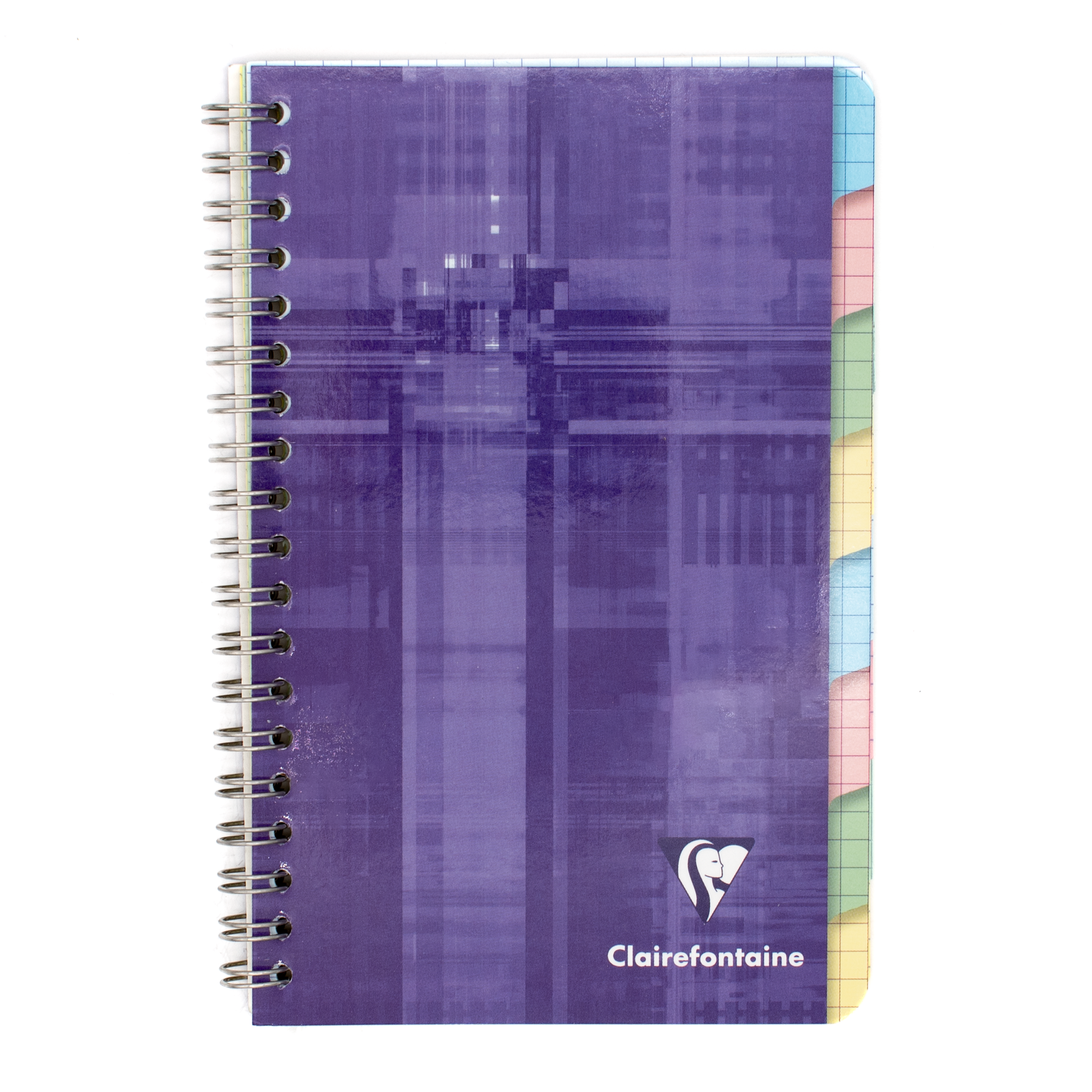 A spiral-bound notebook with a purple cover featuring 8 index tabs that are graph lined and the Clairefontaine logo near the bottom. The right edge shows colorful page dividers in pastel shades of pink, yellow, green, and blue.