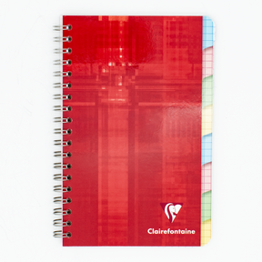 A spiral-bound notebook with a red cover featuring 8 index tabs that are graph lined and the Clairefontaine logo near the bottom. The right edge shows colorful page dividers in pastel shades of pink, yellow, green, and blue.