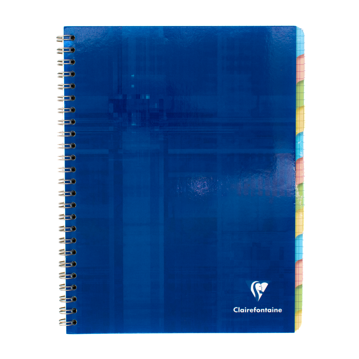 A glossy blue side wire-bound multisubject graph-lined notebook with 12 index tabs on a white background.