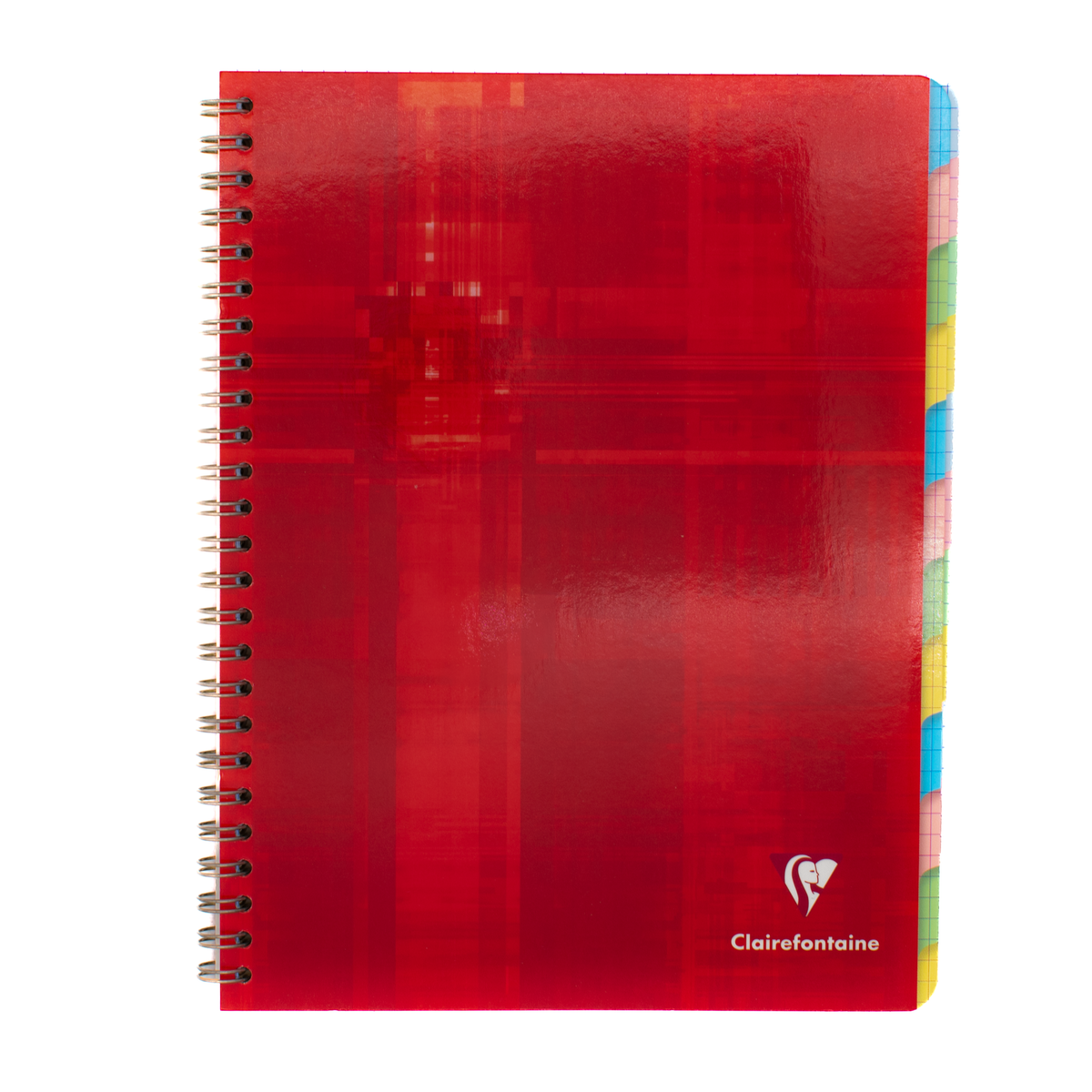 A glossy red side wire-bound multisubject graph-lined notebook with 12 index tabs on a white background.