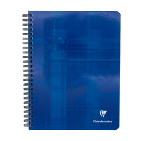 A blue spiral-bound notebook with a glossy abstract design featuring the Clairefontaine logo in the bottom right corner on a white background.