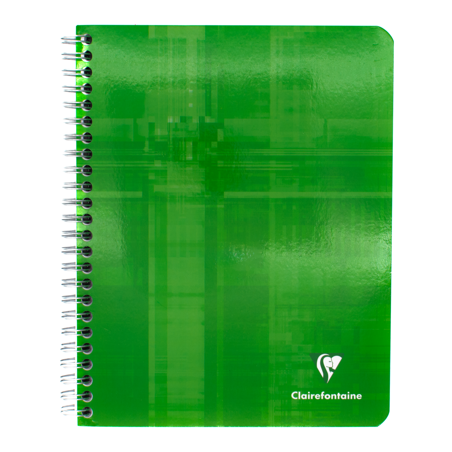 A green spiral-bound notebook with a glossy abstract design featuring the Clairefontaine logo in the bottom right corner on a white background.