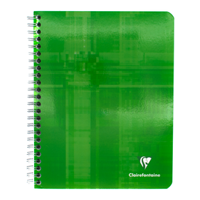 A green spiral-bound notebook with a glossy abstract design featuring the Clairefontaine logo in the bottom right corner on a white background.