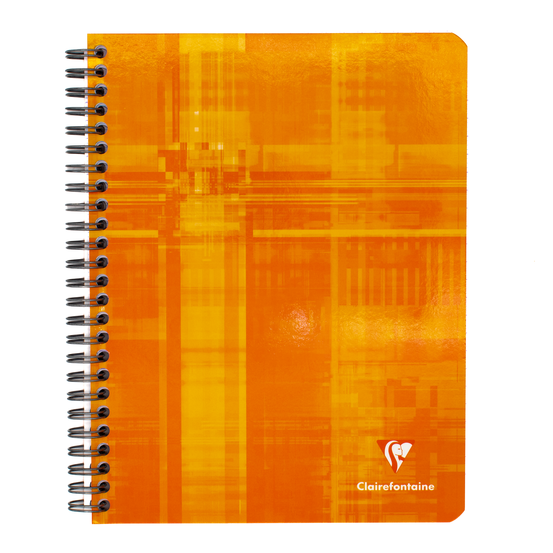 An orange spiral-bound notebook with a glossy abstract design featuring the Clairefontaine logo in the bottom right corner on a white background.