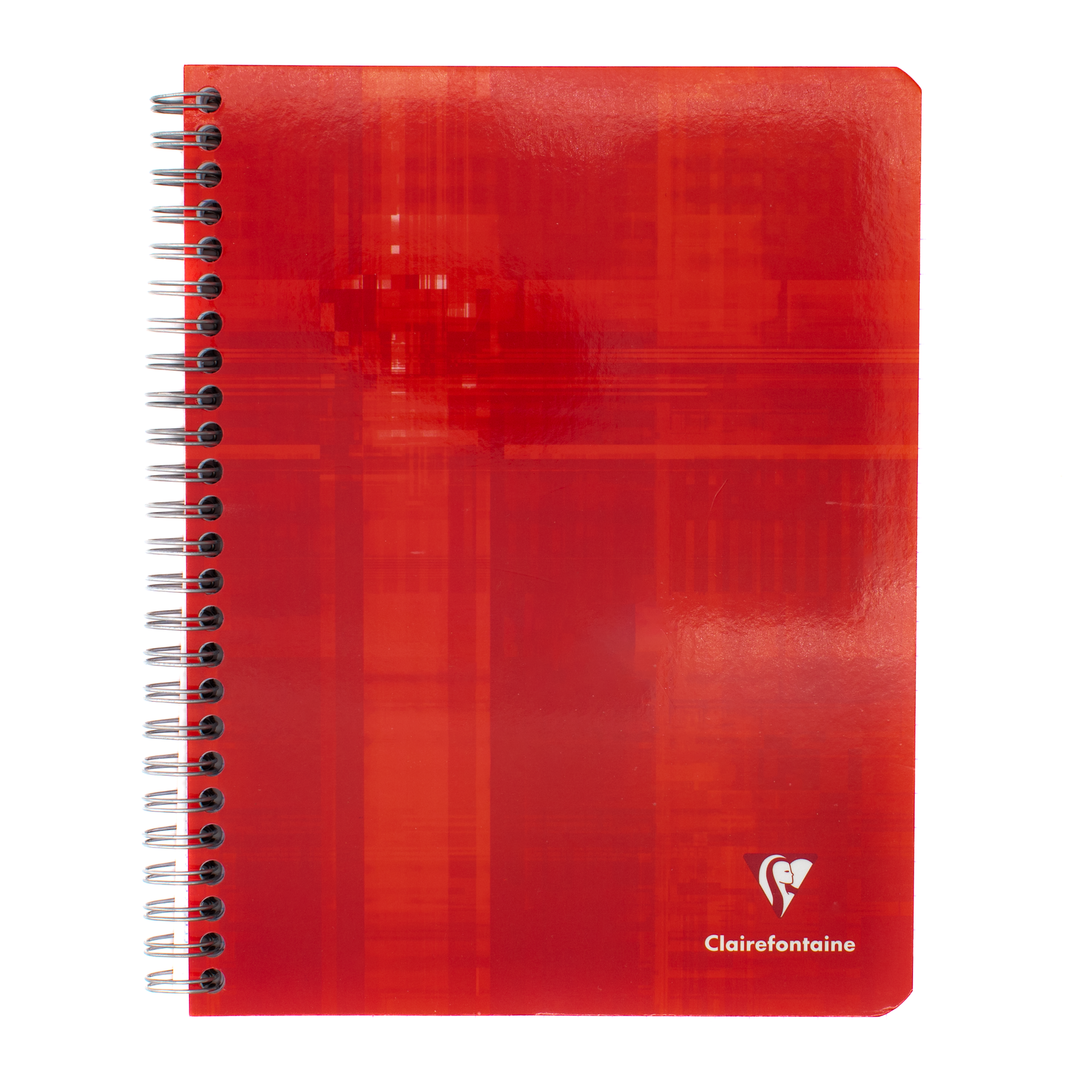 A red spiral-bound notebook with a glossy abstract design featuring the Clairefontaine logo in the bottom right corner on a white background.