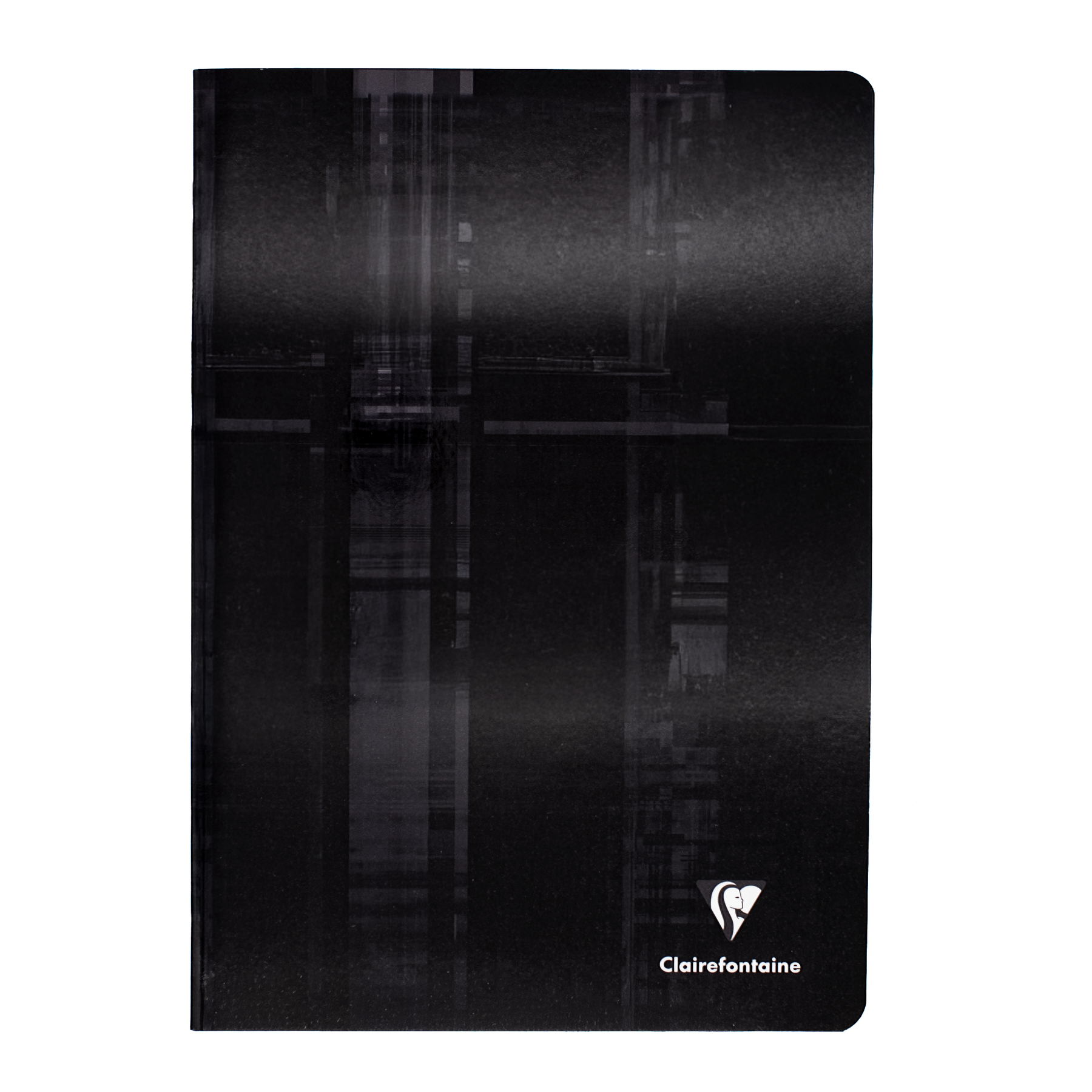 A black side staple bound notebook with the Clairefontaine logo located in the bottom right corner on a white background.