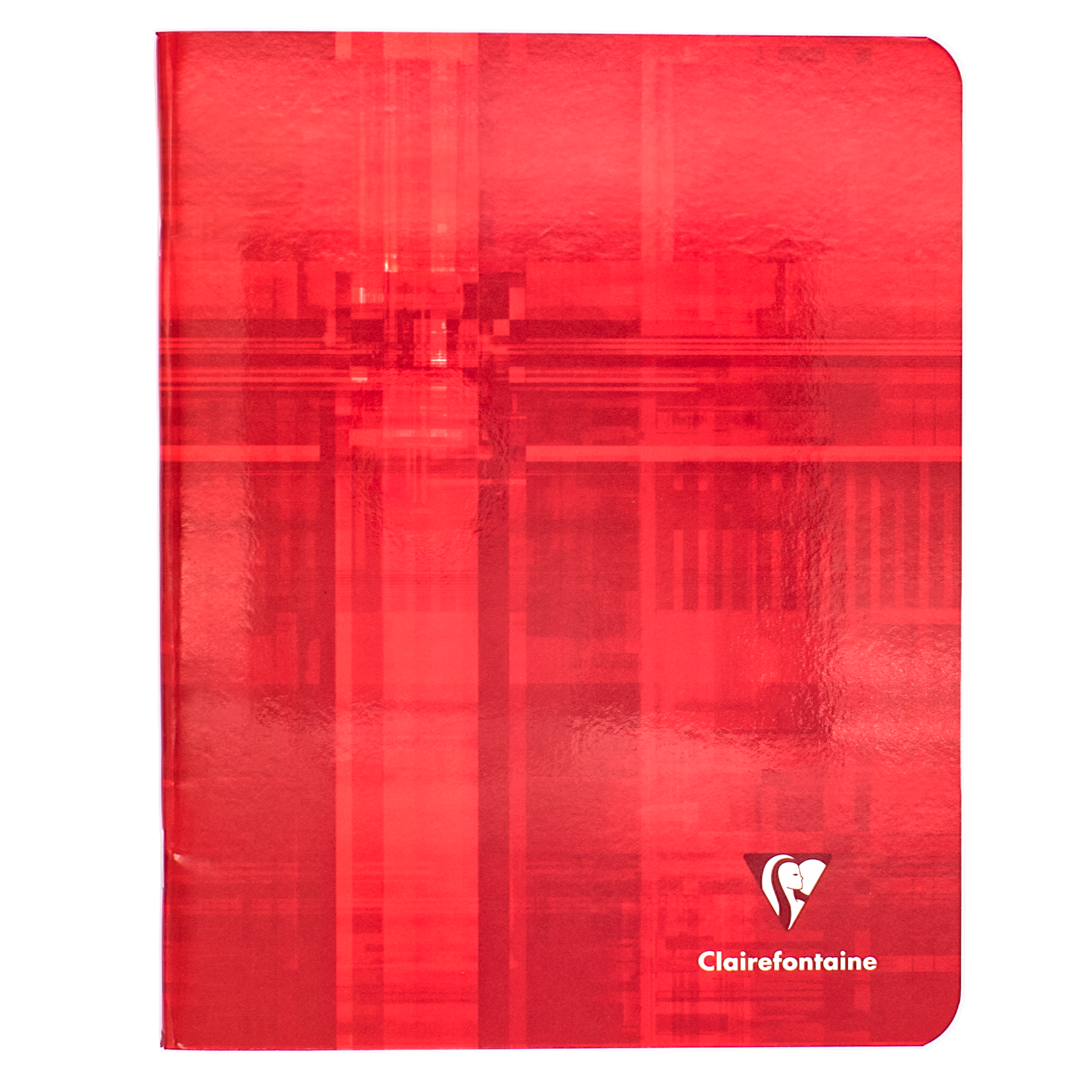 A red notebook with an abstract design, featuring the Clairefontaine logo in the bottom right corner.