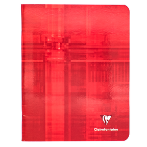 A red notebook with an abstract design, featuring the Clairefontaine logo in the bottom right corner.