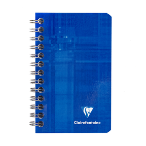 A blue side wirebound notebook with the Clairefontaine logo located in the bottom right corner on a white background.