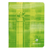 A lime green and notebook with an abstract design, featuring the Clairefontaine logo in the bottom right corner.
