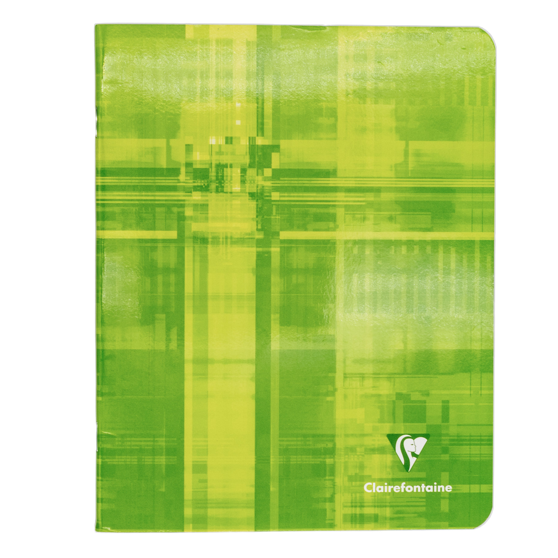 A lime green and notebook with an abstract design, featuring the Clairefontaine logo in the bottom right corner.