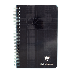 A black side wire bound notebook with the Clairefontaine logo located on the bottom right of the cover.