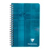 A turquoise side wire bound notebook with the Clairefontaine logo located on the bottom right of the cover.