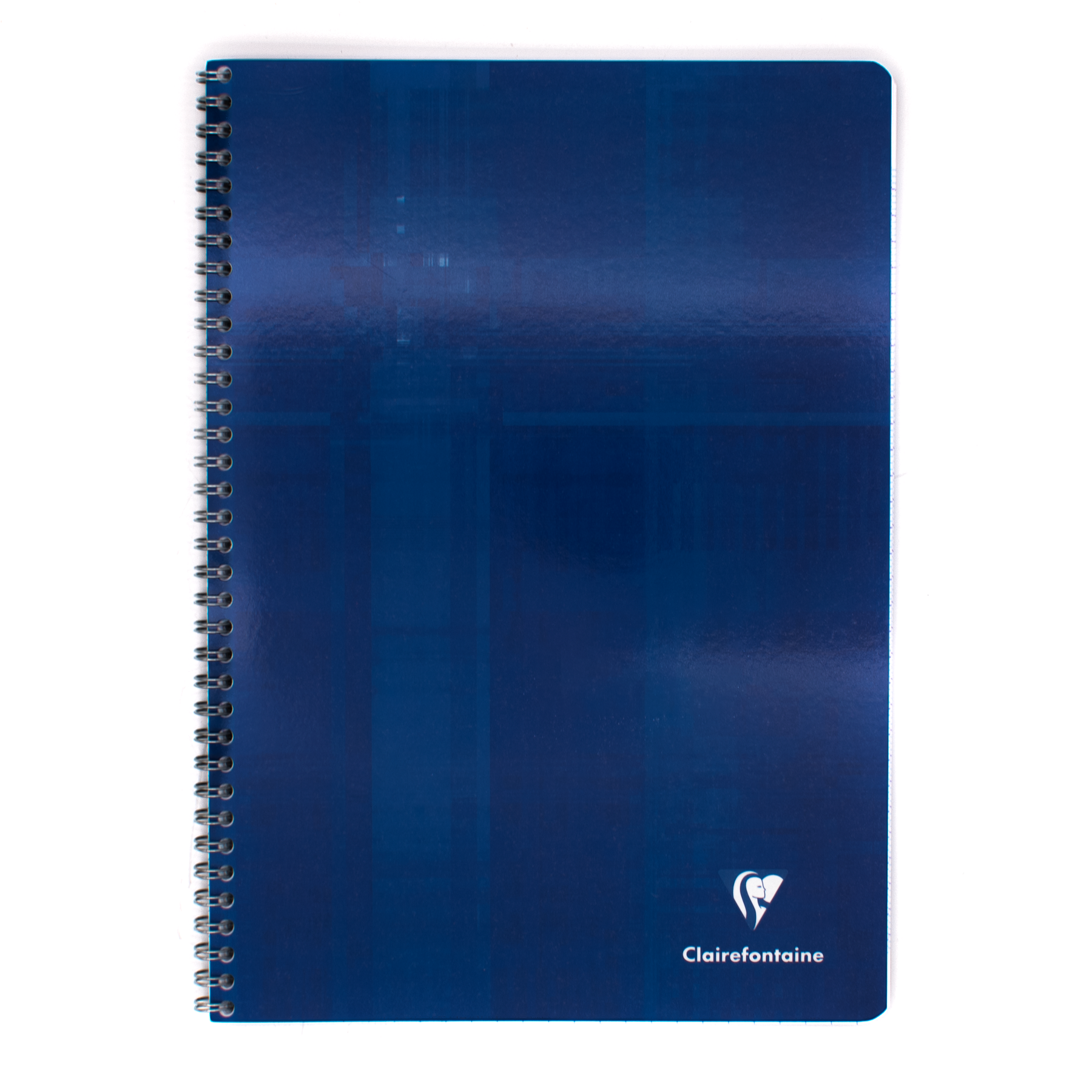 A blue spiral-bound notebook featuring the white Clairefontaine logo in the bottom right corner, set against a plain white background.