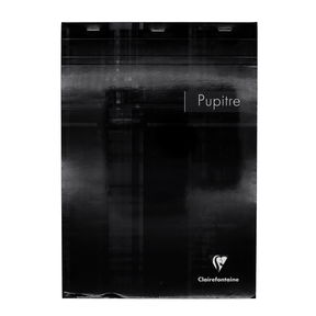 A glossy black top staplebound notepad with the white logo on the bottom right corner.