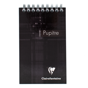A black top wire bound notepad with text that says 'Pupitre' and the Clairefontaine logo located in the bottom right corner of the cover. 