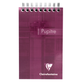 A plum-toned purple top wire bound notepad with text that says 'Pupitre' and the Clairefontaine logo located in the bottom right corner of the cover. 