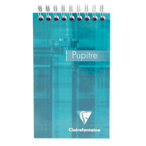 A turquoise top wire bound notepad with text that says 'Pupitre' and the Clairefontaine logo located in the bottom right corner of the cover. 