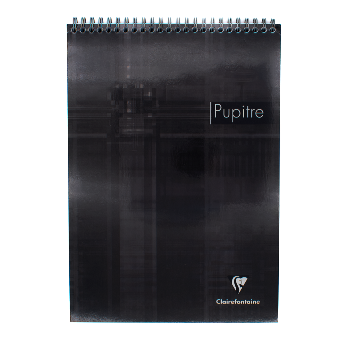 A top spiral-bound notebook with a black abstract cover design, featuring the text 'Pupitre' and the Clairefontaine logo near the bottom, set against a plain white background.