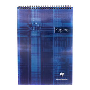 A top spiral-bound notebook with a blue abstract cover design, featuring the text 'Pupitre' and the Clairefontaine logo near the bottom, set against a plain white background.