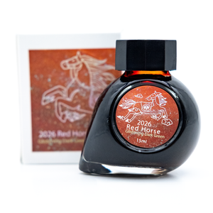 A 15ml bottle of 2026 Red Horse ink in glistening dark green by Colorverse shown with its product packaging card on a clean white background.