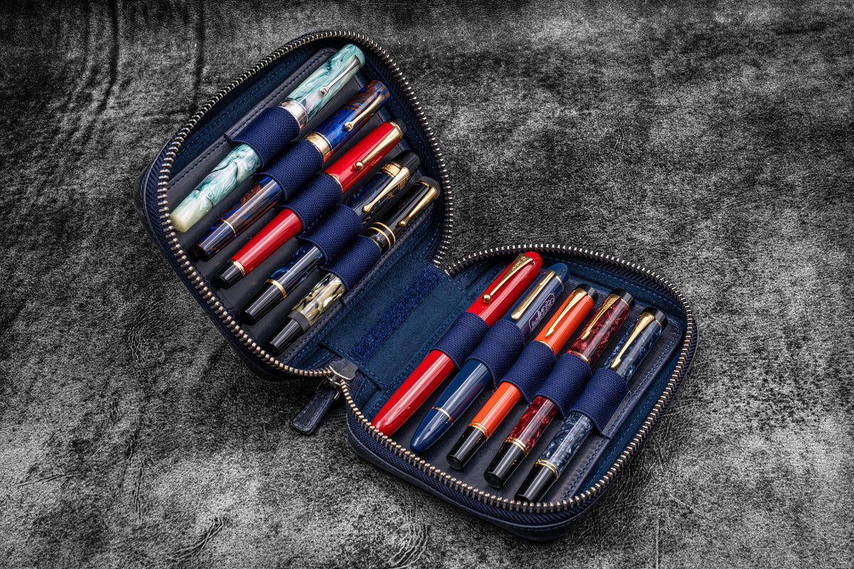 Galen Leather Co. Expansi Wide Zippered 10 Slot Pen Case - Crazy Horse Navy