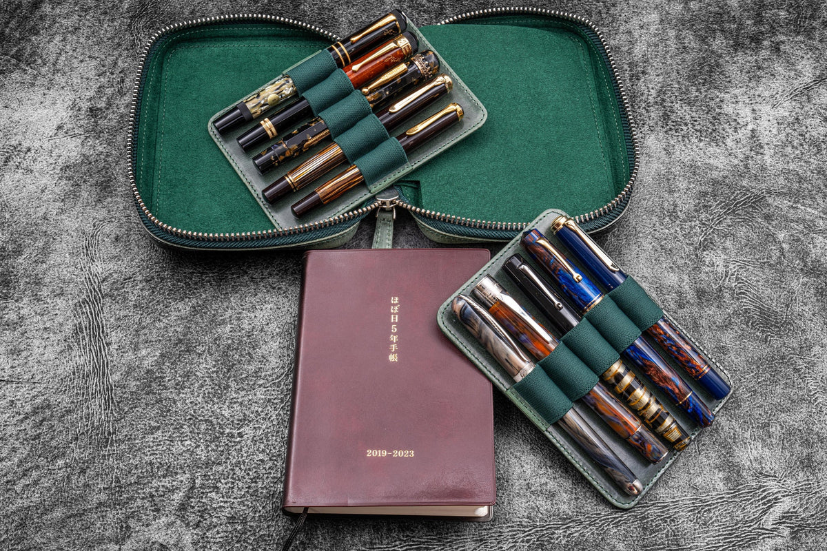 Galen Leather Co. Expansi Wide Zippered 10 Slot Pen Case - Crazy Horse Forest Green