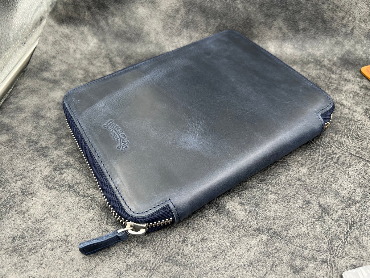 Galen Leather Co. Zippered 10 Slot Pen Case with A5 Notebook Holder- Crazy Horse Navy Blue