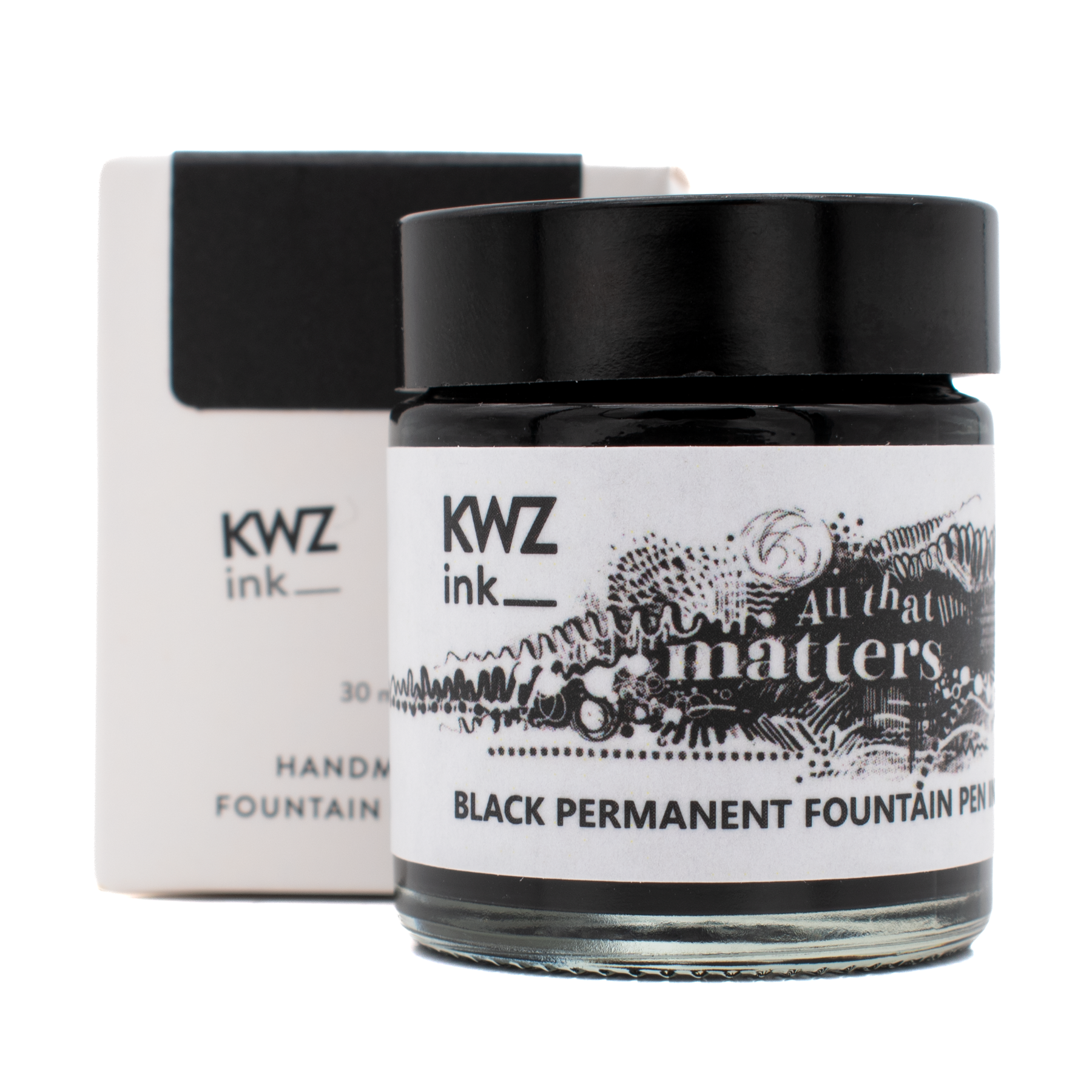 30 ml bottle of KWZ 'All That Matters' black permanent ink in front of the product box with a white background.