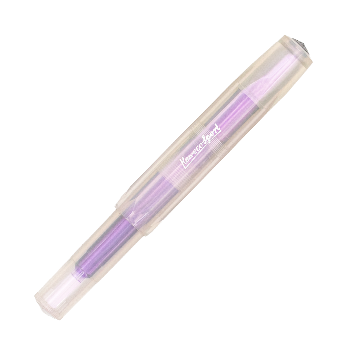 A purple and iridescent fountain pen with silver details, shown diagonally on a plain white background. The brand name 'Kaweco' is embossed in silver script on the cap.