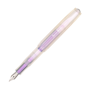 A purple and iridescent fountain pen with silver details, cap posted on the barrel, shown diagonally on a plain white background. The brand name 'Kaweco' is embossed in silver script on the cap.