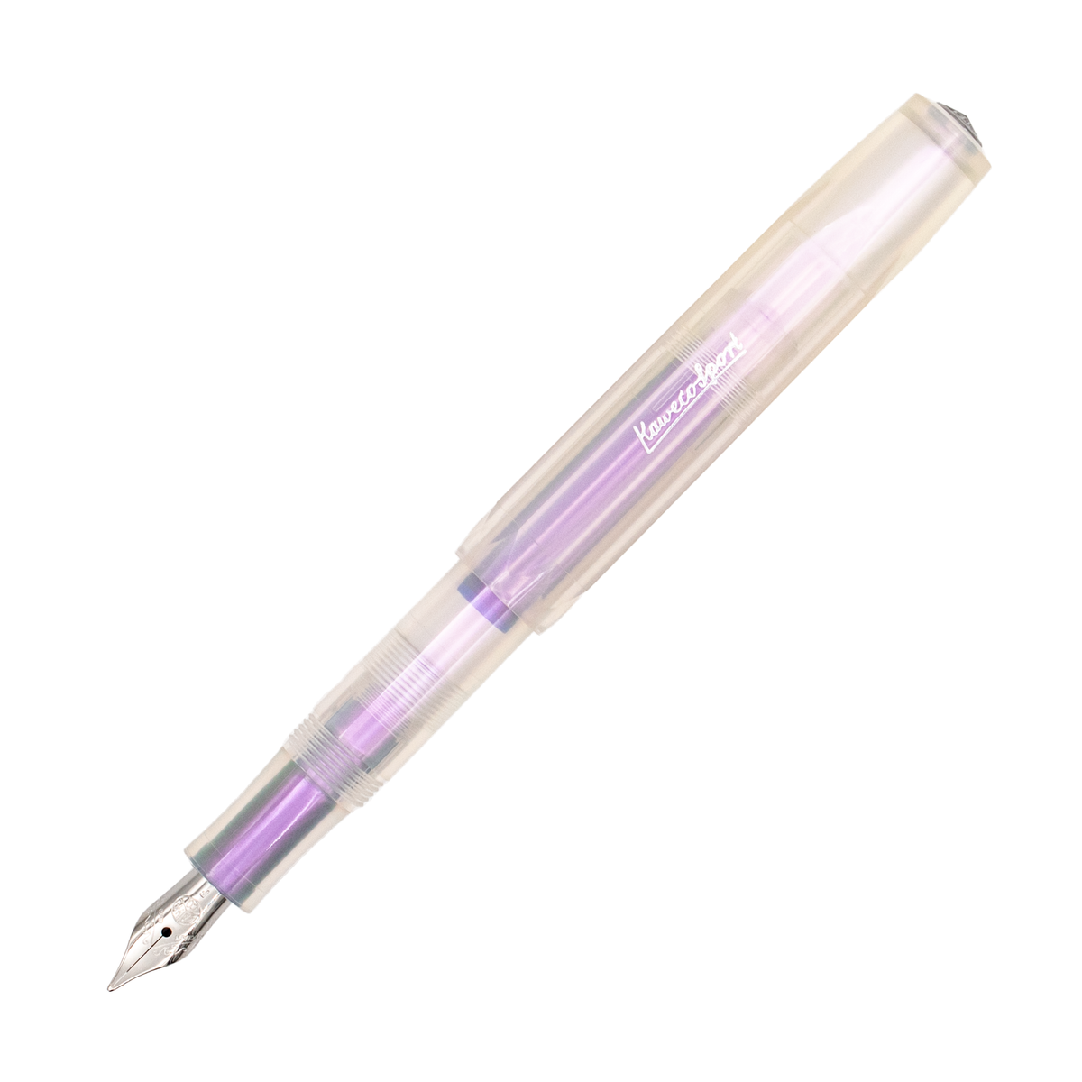 A purple and iridescent fountain pen with silver details, cap posted on the barrel, shown diagonally on a plain white background. The brand name 'Kaweco' is embossed in silver script on the cap.