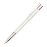 A Lamy fountain pen with its cap posted on the barrel that has a white pearl finish and polished silver-tone metal accents, including the cap, trim, and nib, shown on a solid white background.