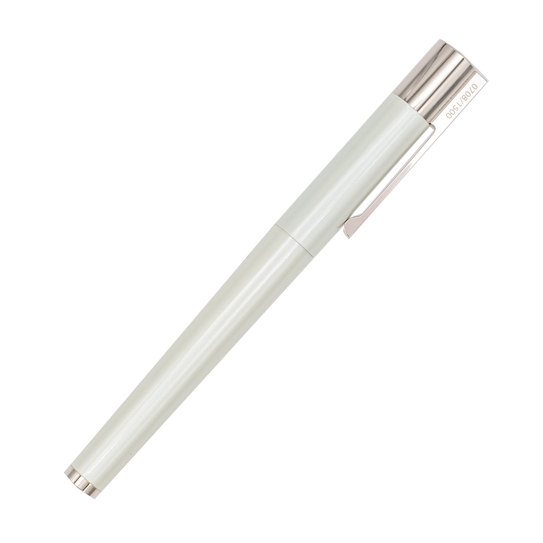 A Lamy fountain pen with a white pearl finished barrel and polished silver-tone metal accents, including the cap, trim, and nib, the clip is engraved with '0708/1500,' it is shown on a solid white background.