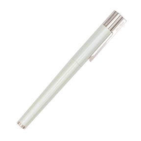 A Lamy fountain pen with a white pearl finished barrel and polished silver-tone metal accents, including the cap, trim, and nib, the clip is engraved with '0708/1500,' it is shown on a solid white background.
