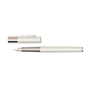 A white pearl and silver fountain pen shown  with '0708/1500' engraved on its cap clip parallel to the nib end below, on a plain white background.