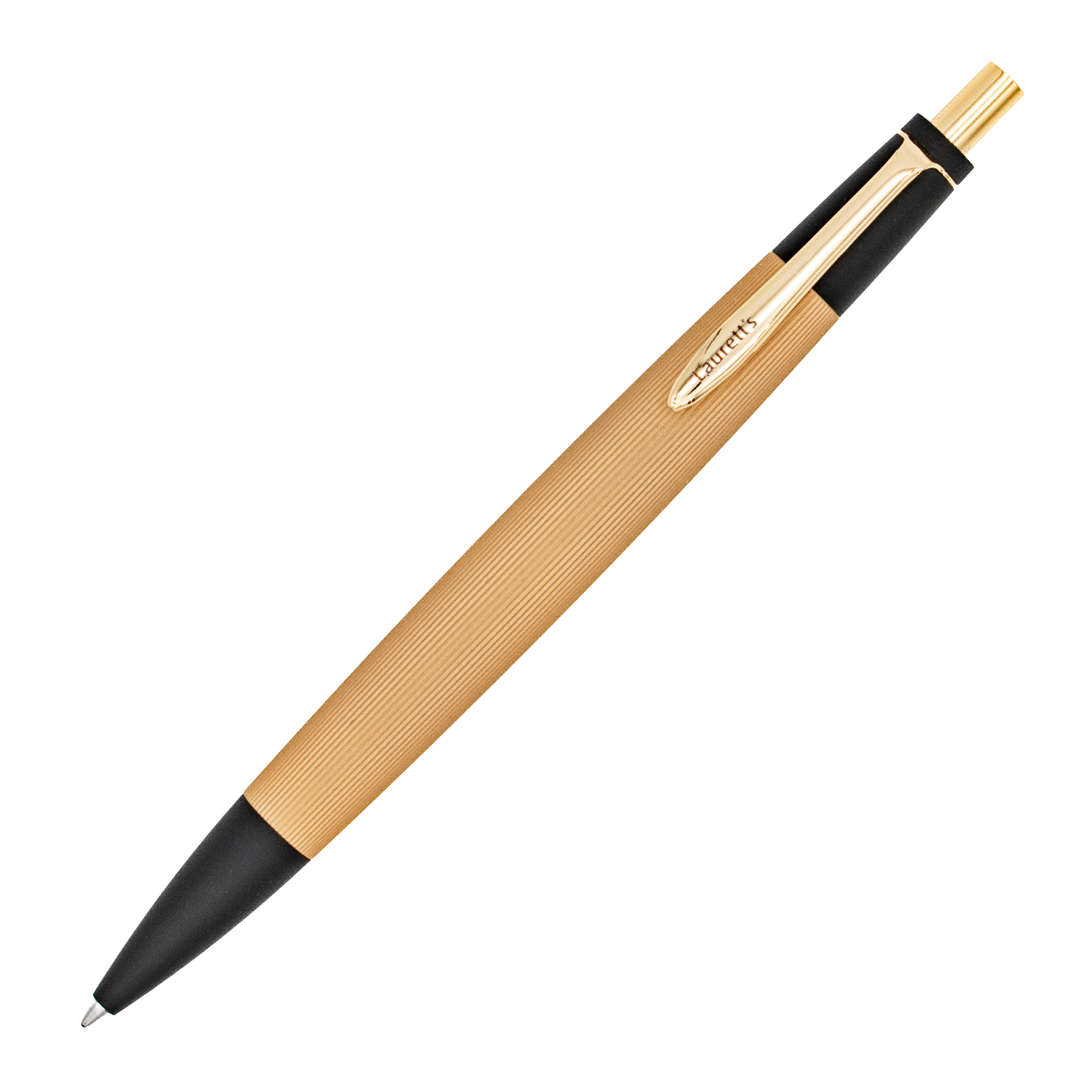 A gold and black pen with a textured grip, gold clip, and black tip, shown diagonally on a plain white background.