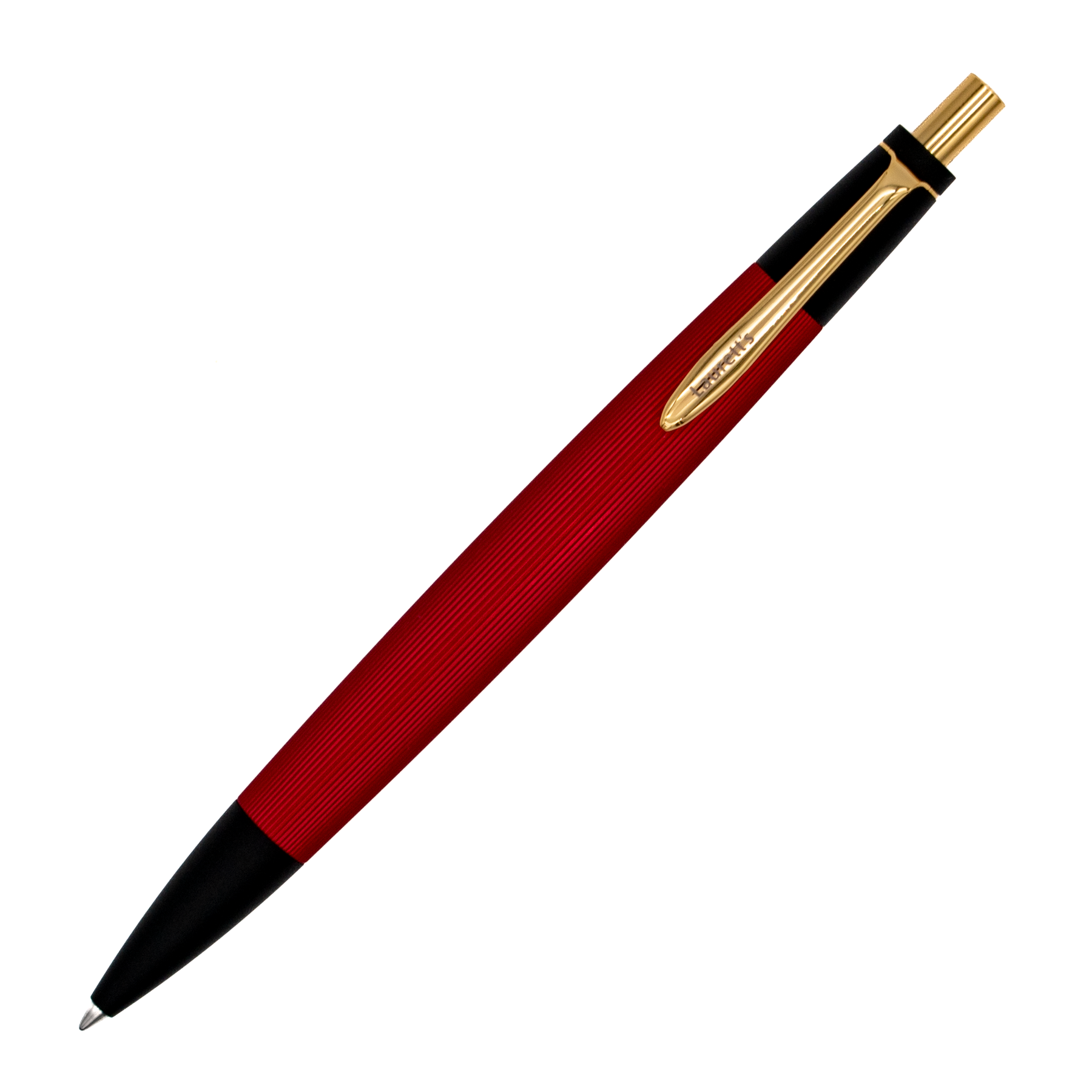 A red and black pen with a textured grip, gold clip, and black tip, shown diagonally on a plain white background.