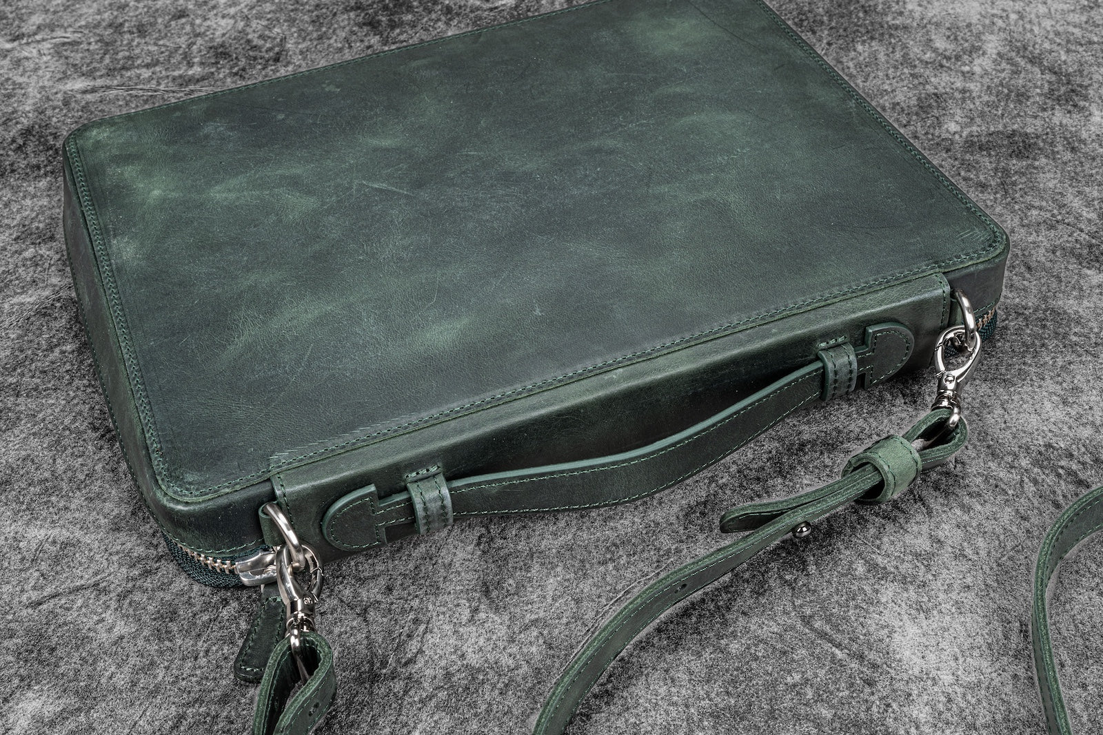 Galen Leather Co. Leather Compendium Bag - A4 Zippered Folio Organizer - Crazy Horse Green