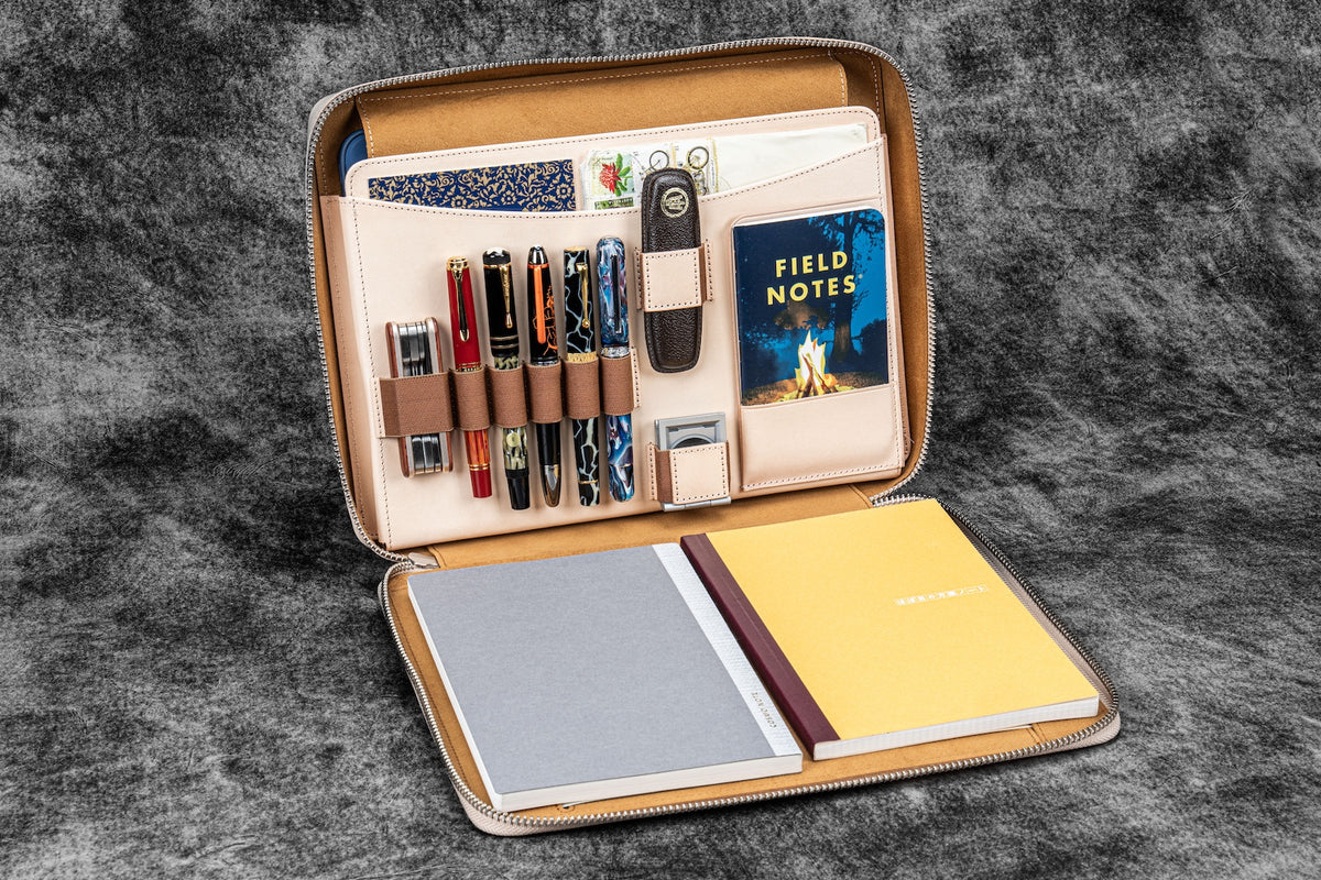 Galen Leather Co. Leather Compendium Bag - A4 Zippered Folio Organizer - Undyed