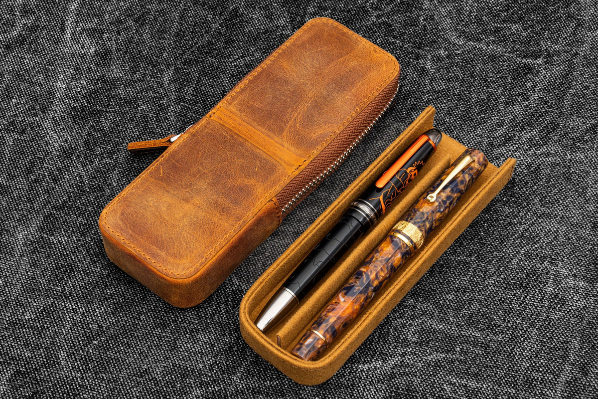 Galen Leather Co. Zipper Magnum Opus 2 Slot Hard Pen Case - Crazy Horse Brown